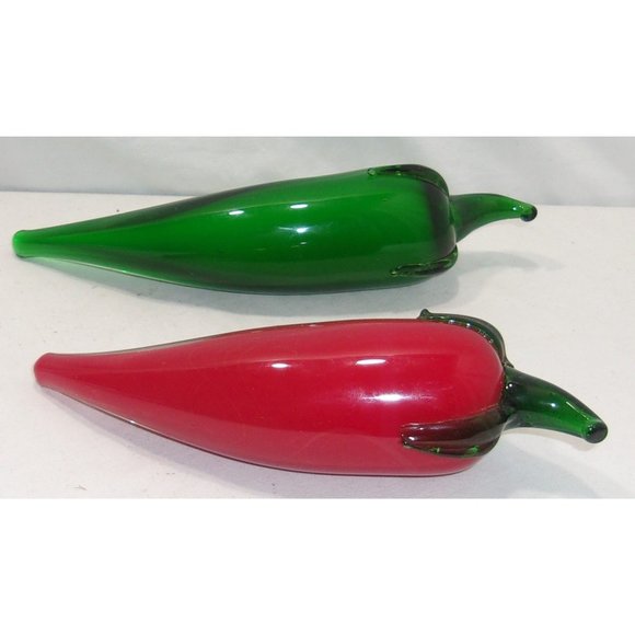 Lot of 2 Murano Style Encased Art Glass Chili Peppers Red/Green 7 1/4" & 7 3/4" - Picture 8 of 10